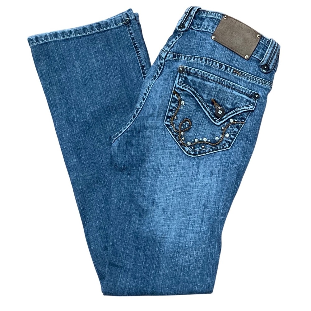 Dollhouse Womens Embroidered Flap Pocket Bootcut Jeans Blue Denim Size 7 Y2K